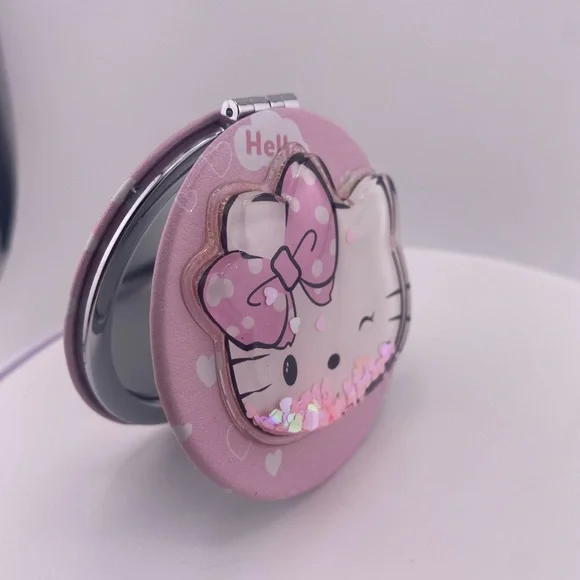 Hello Kitty Pink Bow Compact Mirror glitter rainfall- New - Picture 6 of 6